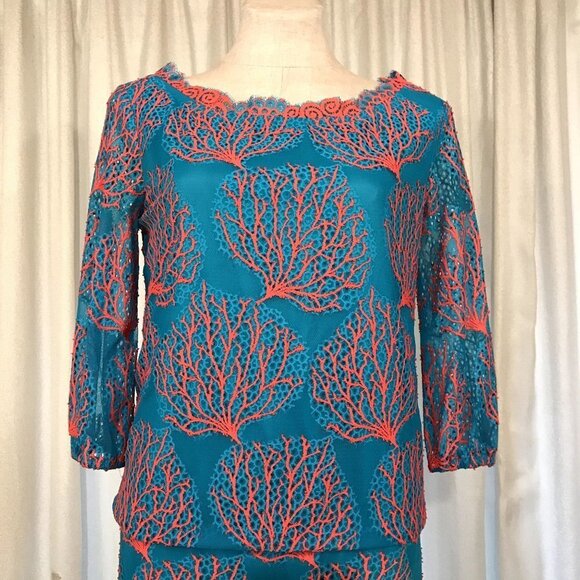 Lilly Pulitzer Cee Cee Dress Blue Snorkel Coral Mesh Lace Size 4 Drop Waist Long - Picture 7 of 15